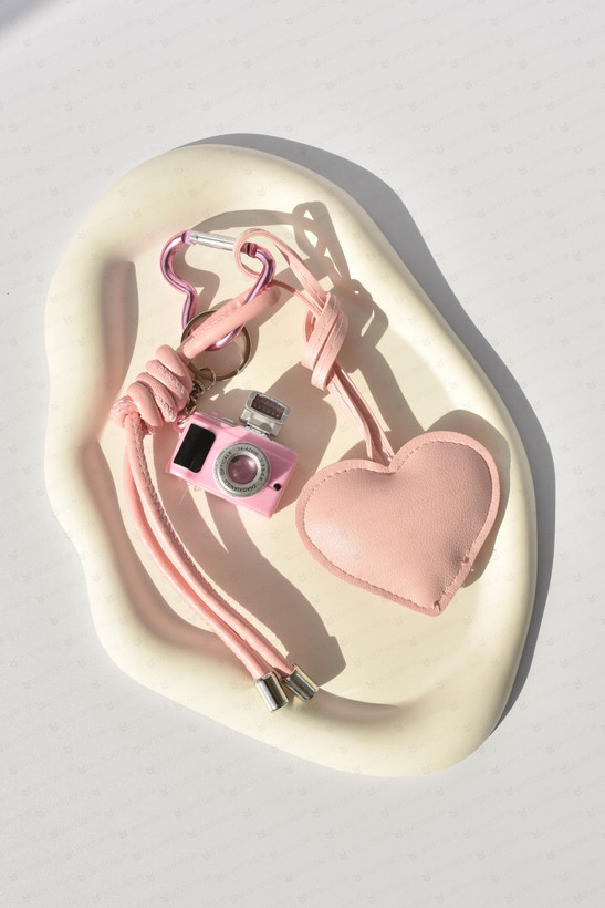 آویز کیف چارم بگ دوربین عکاسی و قلب صورتی